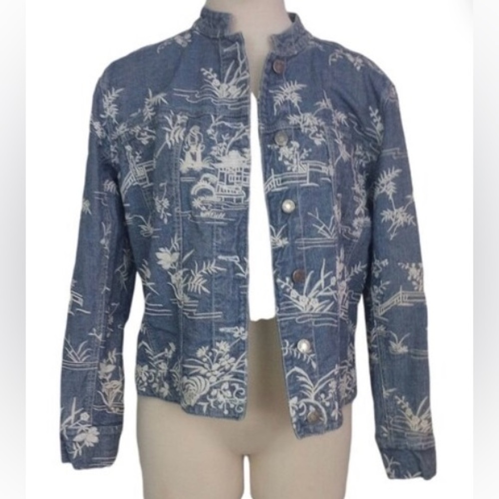 CHICO’S DESIGN Sz 2 Rare Japanese Garden Embroidery Funnel Neck Denim Jacket